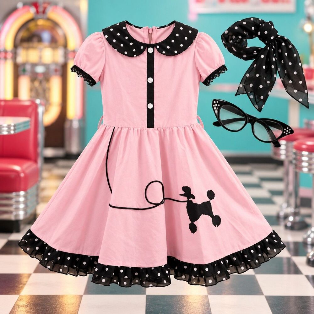 Girls Size XL 1950s Fifties Sock Hop Poodle Dress Costume Scarf Cat Eye Glasses